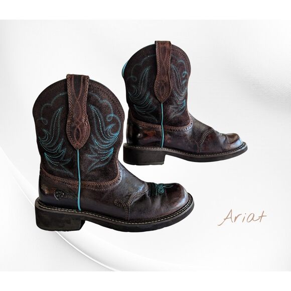 Ariat Women Western Boots Brown Turquoise Stitching Leather Round Toe - Picture 1 of 15